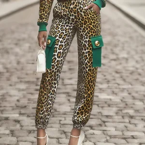 Casual Leopard Buttoned Ankle Banded Pants, Pants, color:Leopard|size:XXL, Stylewe