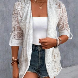 Open Front Floral Lace Embroidered Turn-Up Sleeves Coat Casual Lightweight Breathable Sheer Cardigan, women Jackets & Coats, ChicMe catalog