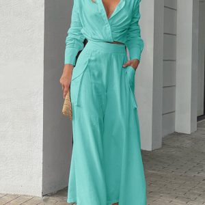 Ruched Long Sleeve Shirt & Wide Leg Asymmetrical Pants Set, women Two-piece Sets, ChicMe catalog