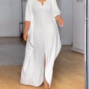 V Neck Half Sleeve Front Slit Maxi Dress Casual Loose Fit Vacation Dress, women Maxi Dresses, ChicMe catalog
