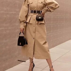 Urban Plain Buttoned Shirt Collar Midi Dress, Midi Dresses, color:Khaki|size:XXL, Stylewe