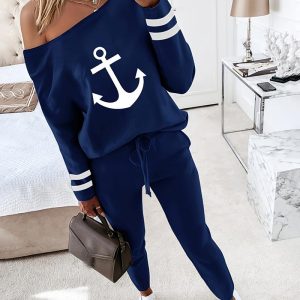 Anchor Print Striped Skew Neck Top & Pants Set, women Two-piece Sets, ChicMe catalog