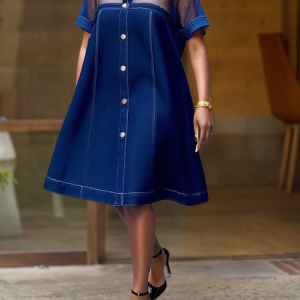 Denim Urban Plain Knee Length Dress, Midi Dresses, color:Denim Blue|size:XXL, Stylewe