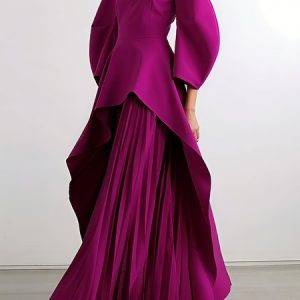 Elegant Plain Pleated Maxi Dress, Maxi Dresses, color:Purple|size:XXL, Stylewe