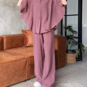 2 Pieces Outfit Turn-down Collar Batwing Sleeve Button Front Top and Casual Loose Pants Set With Pockets, women Two-piece Sets, ChicMe catalog