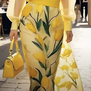 Urban Printing Floral Midi Skirt, Skirts, color:Yellow|size:XXL, Stylewe