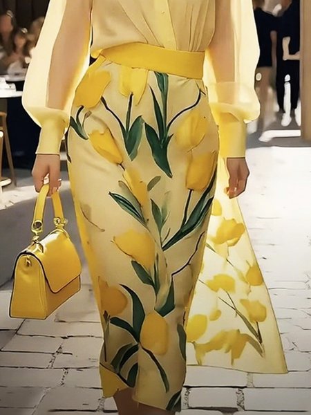 Urban Printing Floral Midi Skirt, Skirts, color:Yellow|size:XXL, Stylewe