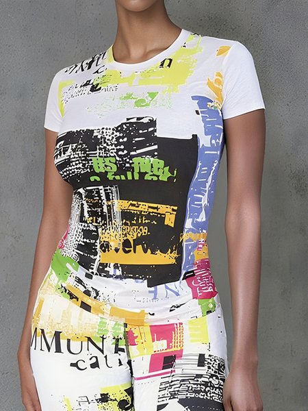 Casual Random Print Printing Crew Neck T-shirt, Tees, color:As Picture|size:XXL, Stylewe