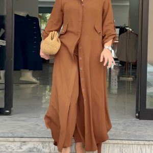 2 Pieces Outfit Turn-down Collar Turn-Up Sleeves Button Front Asymmetrical Hem Longline Blouse and Casual Elastic Waist Wide Leg Pants Set, women Two-piece Sets, ChicMe catalog