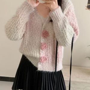 3D Flower Decor Ombre V-Neck Pearls Button Front Sweater Casual Cable Textured Brushed Cardigan, women Sweaters & Cardigans, ChicMe catalog