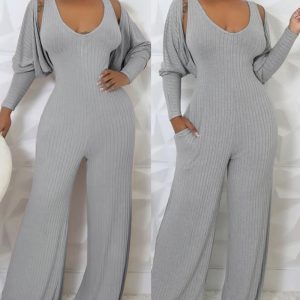 2 Piece V-Neck Sleeveless Wide Leg Jumpsuit with Pockets Gigot Sleeve Open Front Coat Outfits Set, women Two-piece Sets, ChicMe catalog