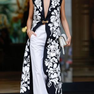 Urban Printing Floral Lapel Collar Vest, Vests and Gilets, color:Black-white|size:XXL, Stylewe