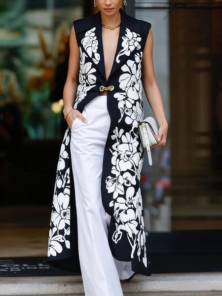 Urban Printing Floral Lapel Collar Vest, Vests and Gilets, color:Black-white|size:XXL, Stylewe
