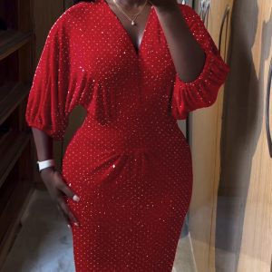 Allover Rhinestone Decor Deep V Neck Lantern Sleeve Ruched Party Dress Elegant Cinched Waist Slit Front Mid-length Velvet Evening Dress, women Evening Dresses, ChicMe catalog