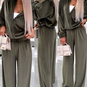 2 Pieces Outfit Velvet Long Sleeve Hooded Coat and Casual Wide Leg Acitive Pants Set, women Two-piece Sets, ChicMe catalog