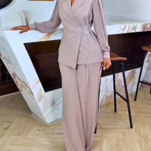 2 Pieces Outfit Overlap Notched Collar Mesh Lantern Sleeve Lace-up Side Coat and Casual Zipper Fly Wide Leg Pants Set Casual Blazer Set, women Two-piece Sets, ChicMe catalog