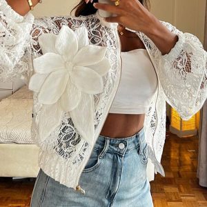 3D Flower Decor Stand Collar Zipper Front Sheer Lace Crop Jacket Casual Stretchy Cuffs Lightweight Breathable Loose Fit Coat, women Jackets & Coats, ChicMe catalog