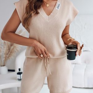2 Pieces Outfit V-Neck Letter Patch Detail Slit Loose Top and Drawstring Elastic Waist Shorts Set Casual Knit Set, women Two-piece Sets, ChicMe catalog