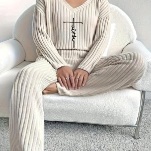 2 Piece Plus Size Letter Print Ribbed V-Neck Long Sleeve Loungewear Fall and Winter Pants Set, women Loungewear, ChicMe catalog