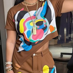 Casual Random Print Irregular Craftsmanship Crew Neck T-shirt, Tees, color:As Picture|size:XXL, Stylewe