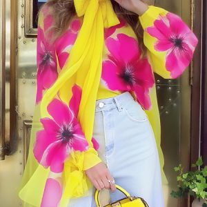 Elegant Floral Printing Balloon Sleeve Blouse, Blouses and Shirts, color:Yellow|size:XXL, Stylewe