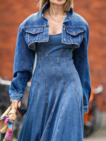 Urban Plain Shirt Collar Denim Coat, Jackets, color:Denim Blue|size:XXL, Stylewe