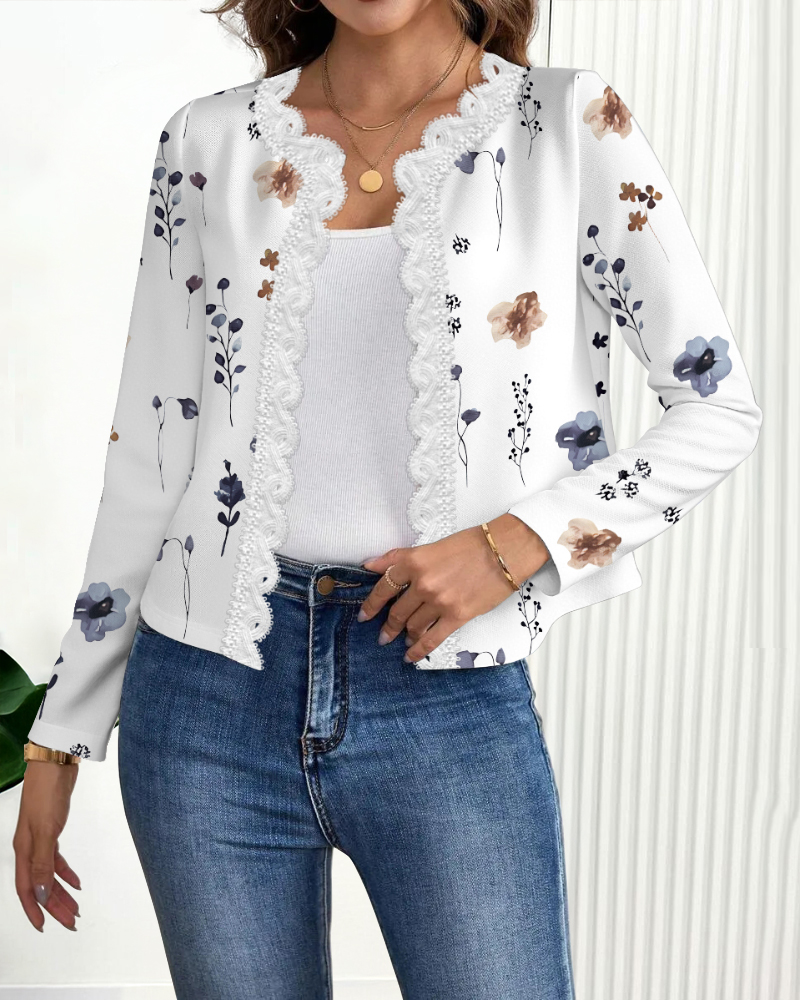 Floral Print Open Front Long Sleeve Casual Contrast Lace Short Cardigan, women Jackets & Coats, ChicMe catalog - Image 2