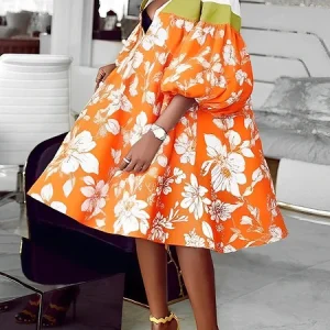 Casual Color Block Balloon Sleeve Printing Knee Length Dress, Midi Dresses, color:As Picture|size:XXL, Stylewe