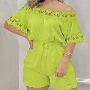 Off Shoulder Floral Dec Short Sleeve Casual Cinch Waist Jumpsuit, women Jumpsuits, ChicMe catalog