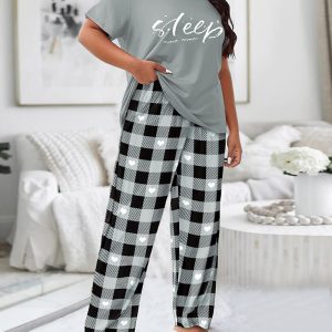 Plus Size Sleep Plaid Heart Print Wide Leg Pajamas Set, women Loungewear, ChicMe catalog
