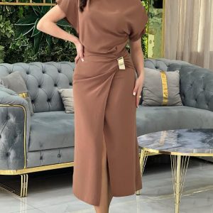 Skew Neck Short Sleeve Tied Detail Slit Dress, women Casual Dresses, ChicMe catalog