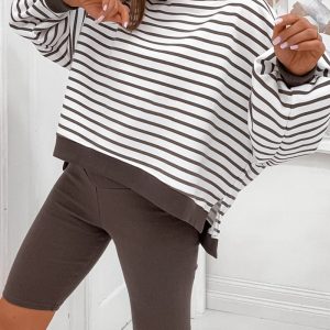 2 Pieces Outfit Striped Print Long Sleeve Pullover Sweatshirt and Casual Slim Fit Leggings Set, women Two-piece Sets, ChicMe catalog