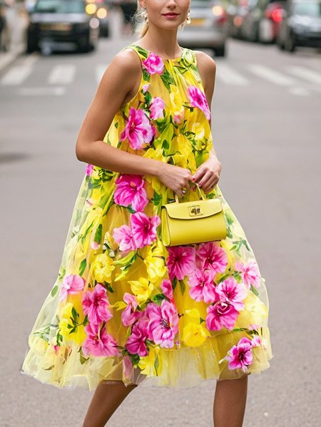 Plus Size Vacation Floral Printing Crew Neck Knee Length Dress, Plus Dresses, color:Yellow|size:4X, Stylewe