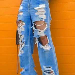 Ripped Plain Casual Loose Jeans, Jeans, color:Blue|size:XXL, Stylewe