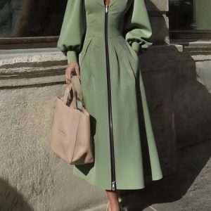 Urban Plain Balloon Sleeve Zipper V Neck Midi Dress, Midi Dresses, color:As Picture|size:XXL, Stylewe