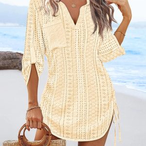 V-Neck Roll Up Sleeve Hollow-out Drawstring Mini Dress Vacation Dress, women Casual Dresses, ChicMe catalog