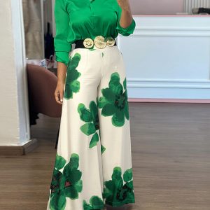 2 Pieces Outfit Turn-down Collar Long Sleeve Button Front Satin Top and Casual Floral Print High Waist Elastic Back Waist Wide Leg Pants Set, women Two-piece Sets, ChicMe catalog