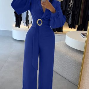 Metal Ring Decor Overlap V-Neck Lantern Sleeve Zipper Back Jumpsuit Casual Cinched Waist Wide Leg Jumpsuit, women Jumpsuits, ChicMe catalog