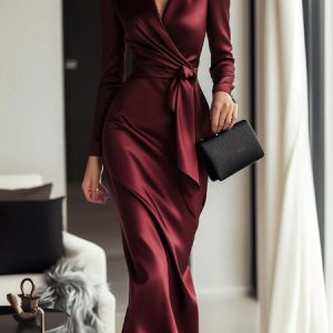 Elegant Plain Cross Neck Midi Dress With Belt, Midi Dresses, color:Red|size:XXL, Stylewe