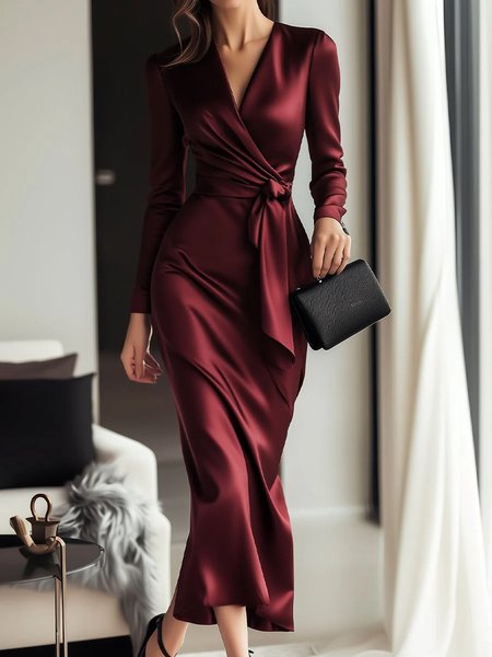 Elegant Plain Cross Neck Midi Dress With Belt, Midi Dresses, color:Red|size:XXL, Stylewe