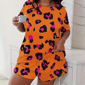 Plus Size Pink Leopard Print Pajamas Set, women Loungewear, ChicMe catalog