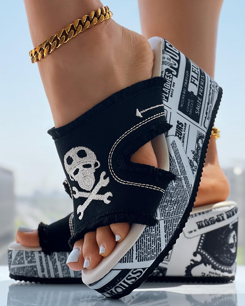 Newspaper Skull Raw Hem Platform Wedge Slippers, women Wedges Shoes, ChicMe catalog - Image 2