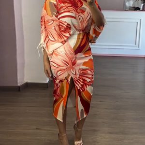 2 Pieces Outfit Floral Print Off Shoulder Side Drawstring Crop Top and Casual High Waist Bodycon Slit Skirt Set, women Two-piece Sets, ChicMe catalog