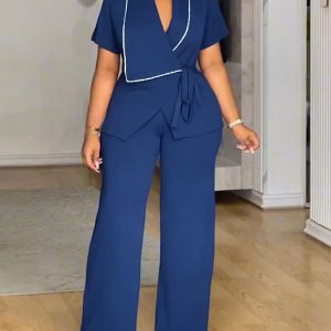 2 Pieces Outfit Asymmetrical Neck Waist Tied Detail Short Sleeve Cardigan and Casual Wide Leg Pants Set, women Two-piece Sets, ChicMe catalog