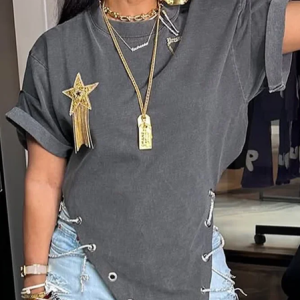 Plus Size Cotton Casual Plain Chain T-shirt, Plus Tops, color:Gray|size:4X, Stylewe