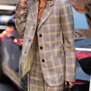 Urban  Printing Plaid Lapel Collar Blazer With Belt, Blazers, color:As Picture|size:XXL, Stylewe