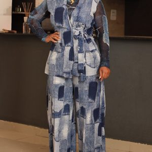 3 Pieces Outfit Geometric Print Faux Denim Tied Detail Vest with Sheer Mesh Long Sleeve Shirt and Casual Wide Leg Pants Set, women Two-piece Sets, ChicMe catalog