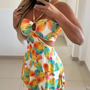Floral Print Halter Sleeveless A Line Mini Dress Sexy Waist Hollow Out Vacation Dress, women Print Dresses, ChicMe catalog