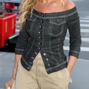 Denim Urban Color Block Distressing Off The Shoulder Shirt, Blouses and Shirts, color:Black|size:XXL, Stylewe