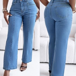 Seam Front High Wait Straight Leg Denim Pants Casual Zipper Fly Jeans With Pockets, women Jeans, ChicMe catalog